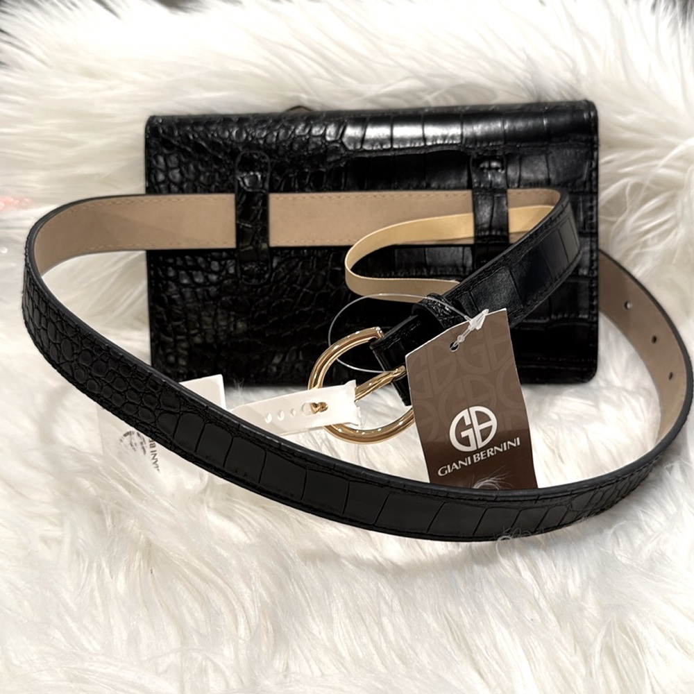 NWT Gianni Bernini Black Croc-Embossed Faux Leather Belt Bag - Picture 4 of 6
